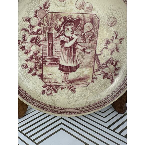 Old Hall Earthenware Co Mother Hubbard Transferware 6” Red Plate C1861-1884 - Picture 4 of 7
